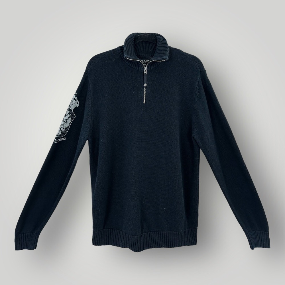Guess Jeans Authentic Quarter Zip Sweater Mens Size Large Black Graphic Sleeve